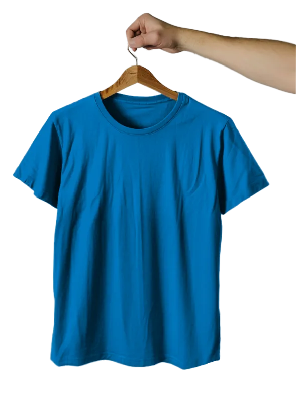 Arm of a man holding a hook with a blue shirt.
